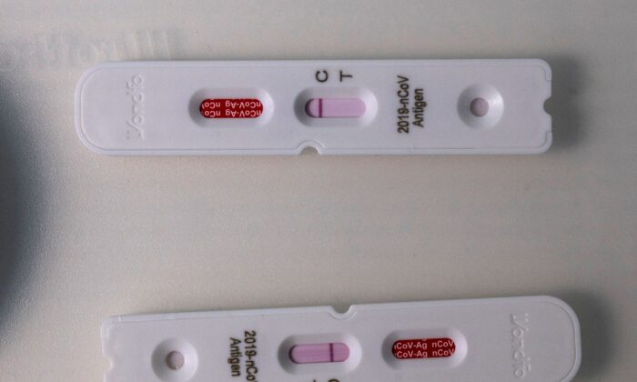 Two test cassettes used in an antigen rapid test for the coronavirus (COVID-19) at a testing center in Berlin on Feb. 17, 2021. (John MacDougall/AFP via Getty Images)
