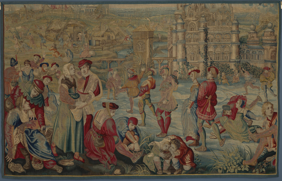 "Four Seasons: Winter: Skating Scene," late 1600s–early 1700s, Gobelins Manufactory (Paris, France). Wool, silk, and gold filé: tapestry weave; 96 inches by 153 inches. Gift of Francis Ginn, Marian Ginn Jones, Barbara Ginn Griesinger, and Alexander Ginn in memory of Frank Hadley Ginn and Cornelia Root Ginn, The Cleveland Museum of Art. (The Cleveland Museum of Art)