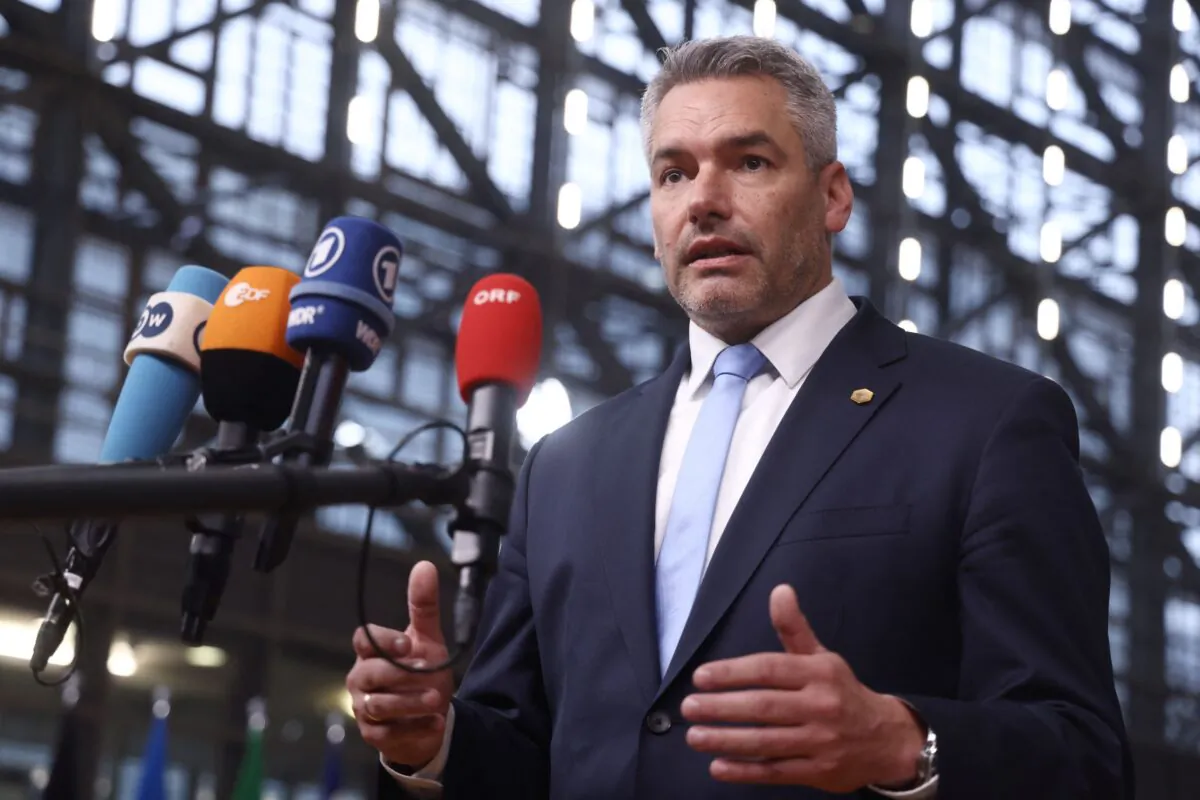 Chancellor of Austria Karl Nehammer speaks to the press as he arrives to attend an European Union Summit with all 27 EU leaders at The European Council Building in Brussels, Belgium, on Dec. 16, 2021. (Kenzo Tribouillard/AFP via Getty Images)
