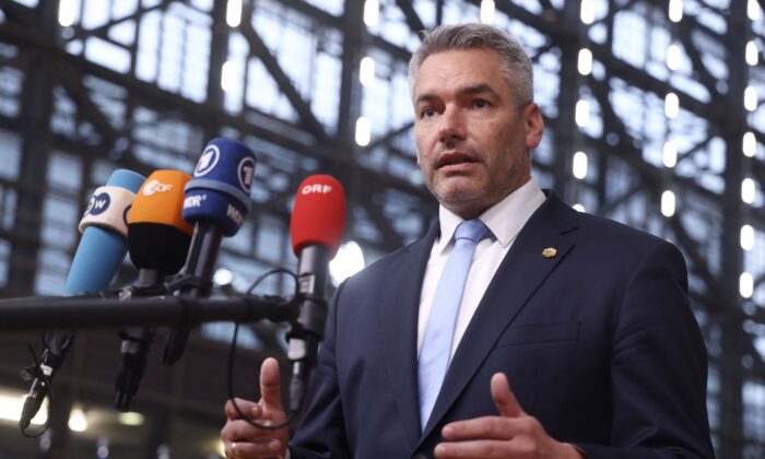 Chancellor of Austria Karl Nehammer speaks to the press as he arrives to attend an European Union Summit with all 27 EU leaders at The European Council Building in Brussels, Belgium, on Dec. 16, 2021. (Kenzo Tribouillard/AFP via Getty Images)