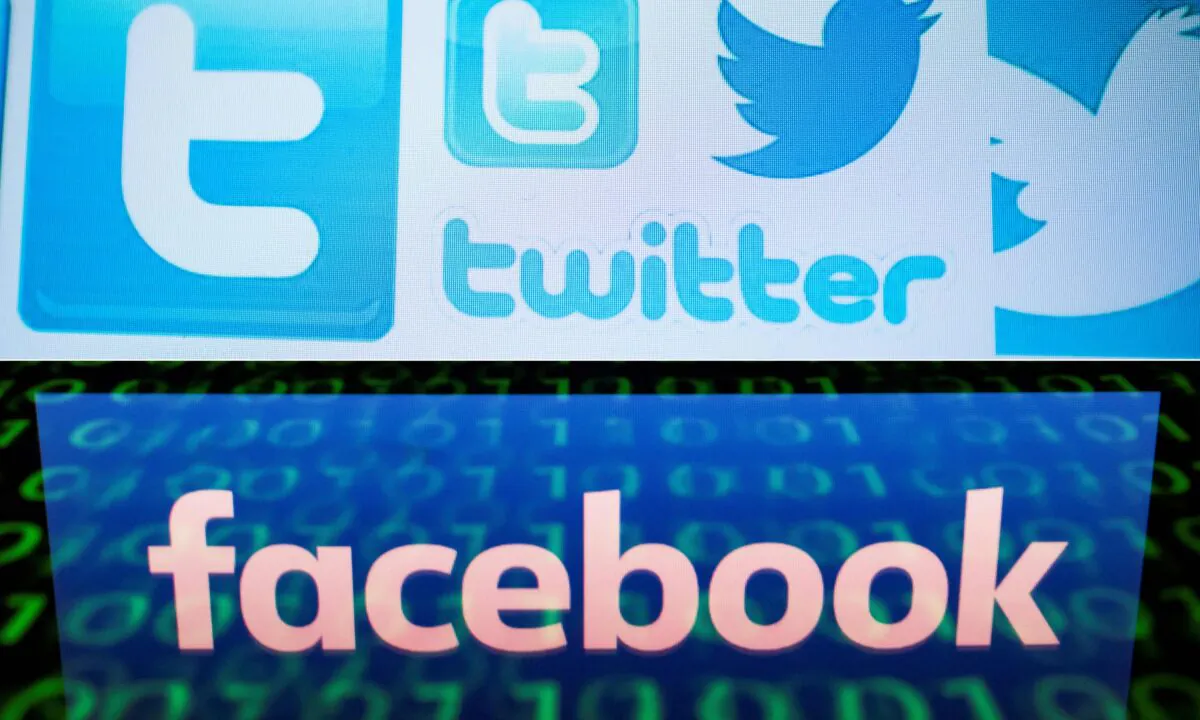 This combination of file pictures created on August 22, 2018 shows a photo illustration taken on March 23, 2018 of Twitter logos on a computer screen in Beijing and a file illustration picture taken on April 28, 2018 of the logo of social network Facebook displayed on a screen and reflected on a tablet in Paris. (Nicolas Asfouri, Lionel Bonaventure/AFP via Getty Images)