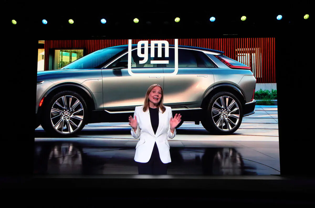 General Motors Chair and CEO Mary Barra is shown on screen as her recorded keynote address is delivered digitally at CES 2022 at The Venetian Las Vegas on Jan. 5, 2022. (Ethan Miller/Getty Images)
