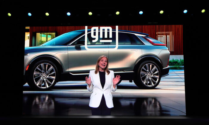 General Motors Chair and CEO Mary Barra is shown on screen as her recorded keynote address is delivered digitally at CES 2022 at The Venetian Las Vegas on Jan. 5, 2022. (Ethan Miller/Getty Images)