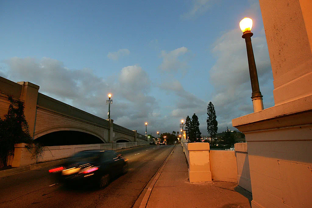 Night falls at the Glendale-Hyperion Bridge, which crosses the Los Angeles River in Los Angeles, Calif., on February 20, 2008. The bridges, built between 1909 and 1944, are regularly seen in film and television shows such as the first two "Terminator" movies, "Grease" and "Transformers." (David McNew/Getty Images)