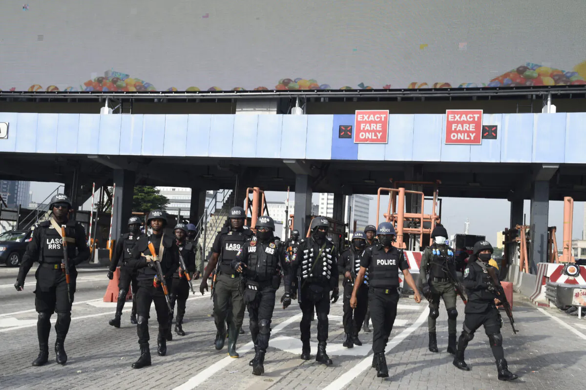 A file photo of Nigerian police officers at the scene of a protest, at the Lekki tollgate in Lagos, Nigeria. (Pius Utomi Ekpei/AFP via Getty Images)