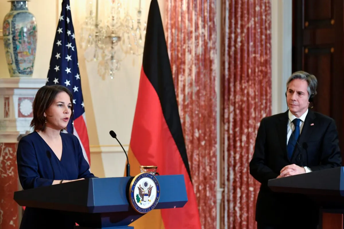 German Foreign Minister Annalena Baerbock speaks during a news conference with Secretary of State Antony Blinken at the State Department in Wash., on Jan. 5, 2022. (Mandel Ngan/Pool via AP)
