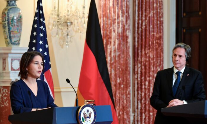German Foreign Minister Annalena Baerbock speaks during a news conference with Secretary of State Antony Blinken at the State Department in Wash., on Jan. 5, 2022. (Mandel Ngan/Pool via AP)