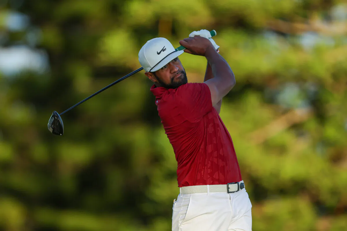 Tony Finau of the United States plays his shot from the third tee during the Pro-Am prior to the Sentry Tournament of Champions at the Plantation Course at Kapalua Golf Club in Lahaina, Hawaii on Jan. 5, 2022. (Gregory Shamus/Getty Images)