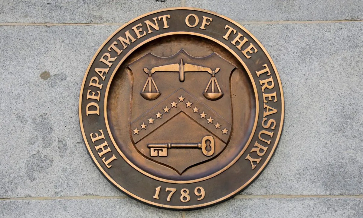 Signage is seen at the United States Department of the Treasury headquarters in Washington, on Aug. 29, 2020. (Andrew Kelly/Reuters)