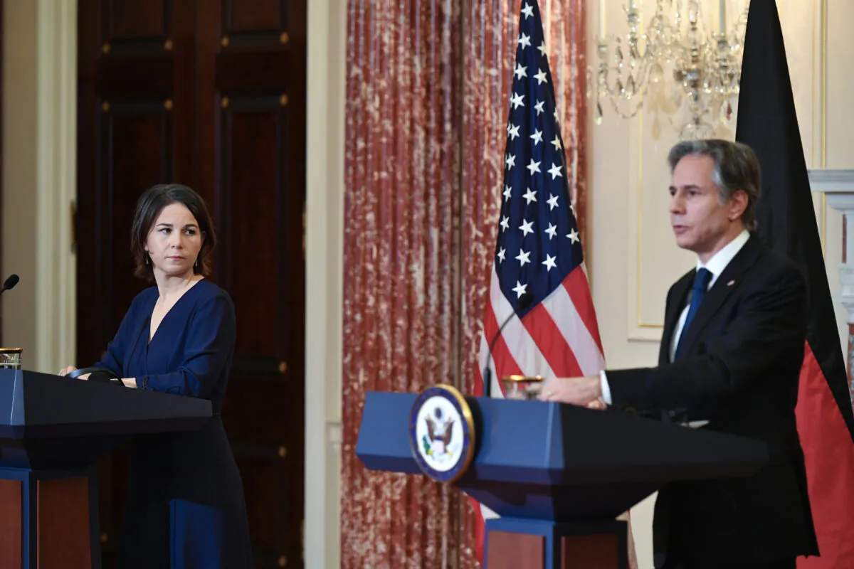 Secretary of State Antony Blinken speaks during a news conference with German Foreign Minister Annalena Baerbock at the State Department in Washington on Jan. 5, 2022. (Mandel Ngan/Pool via AP)
