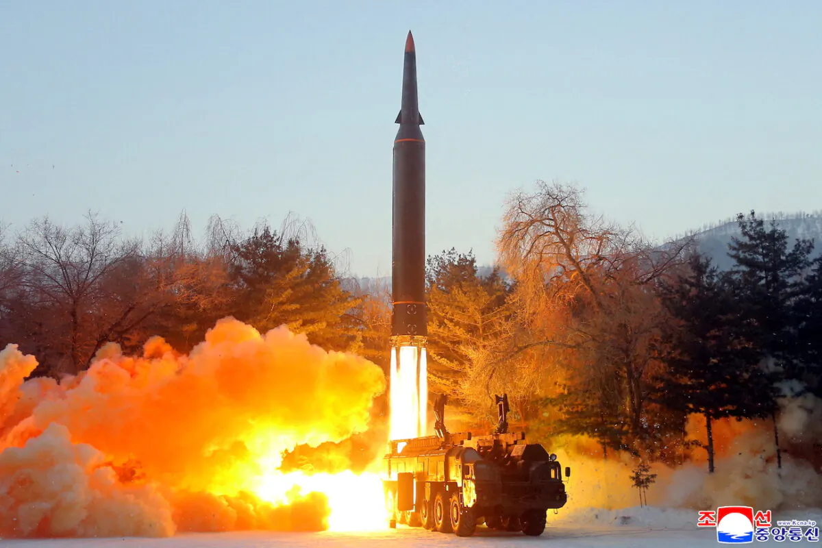 A view of what state news agency KCNA reports is the test firing of a hypersonic missile at an undisclosed location in North Korea, on Jan. 5, 2022. (KCNA via Reuters/Reuters is unable to verify this image)