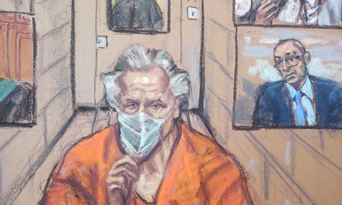 Canadian fashion designer Peter Nygard appears via video feed near a screen of Ontario prosecutor Neville Golwalla in Toronto, Ontario, Canada, in this courtroom sketch Jan. 6, 2022. (Reuters/Jane Rosenberg)