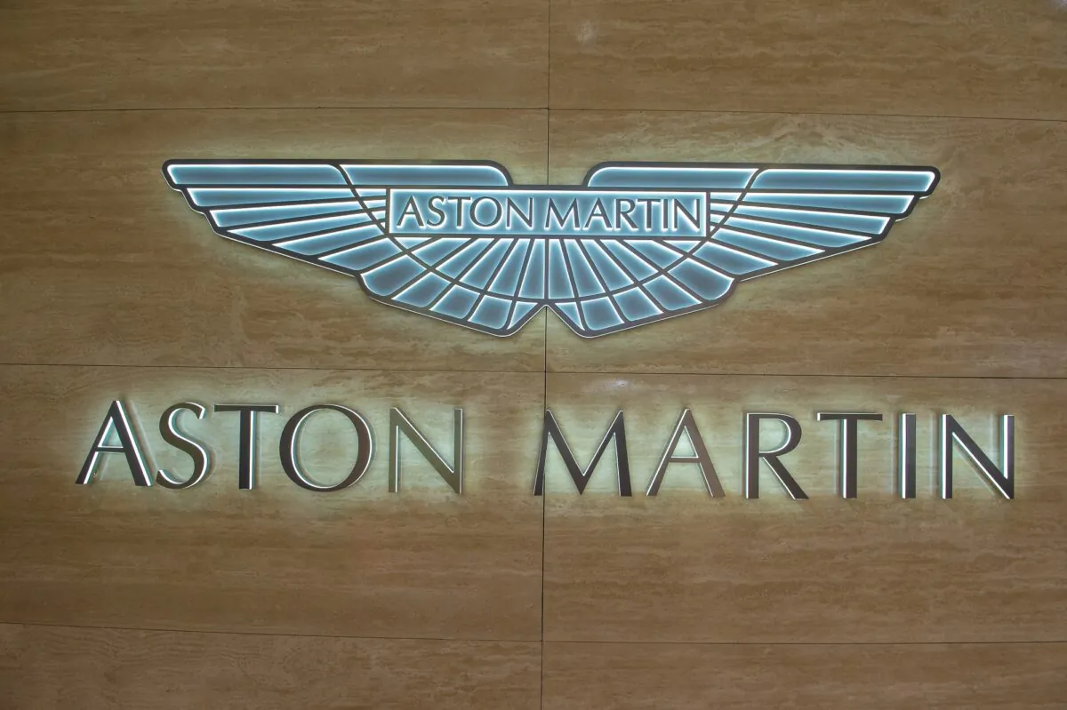 Aston Martin logo is displayed at the 89th Geneva International Motor Show in Geneva, on March 6, 2019. (Robert Hradil/Getty Images)
