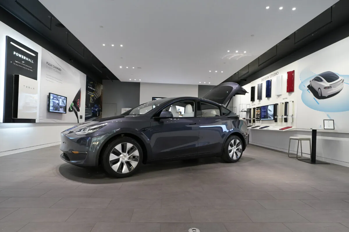 A Tesla Model Y Long Range is displayed at the Tesla Gallery in Troy, Mich., on Feb. 24, 2021. (Carlos Osorio/AP Photo)