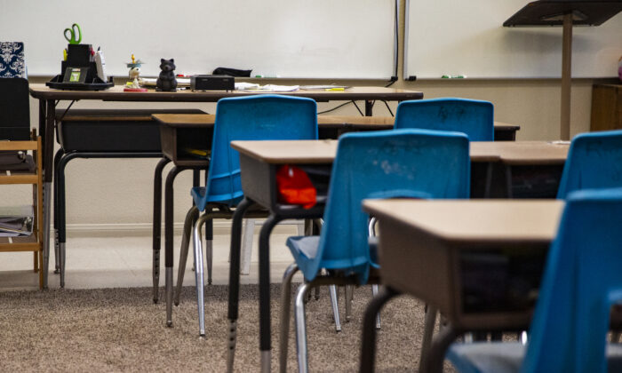 In this file photo, a school classroom is seen in Tustin, Calif., on March 10, 2021.  (John Fredricks/The Epoch Times)