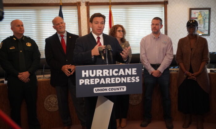 During a press conference about hurricane preparedness, Florida Gov. Ron DeSantis took aim on Jan. 7 at political opponents who chided him for using days off to accompany his wife to cancer treatment. Natasha Holt/Epoch Times