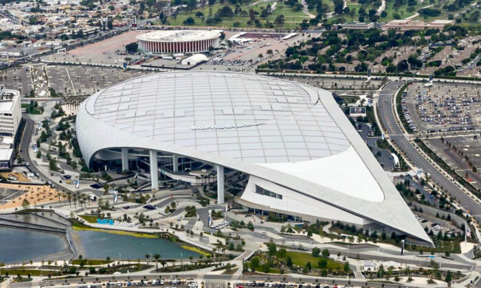 Aerial view of the SoFi Stadium, home of the Los Angeles Rams and Chargers, in Inglewood, Calif., on April 22, 2021. (Daniel Slim/AFP via Getty Images)