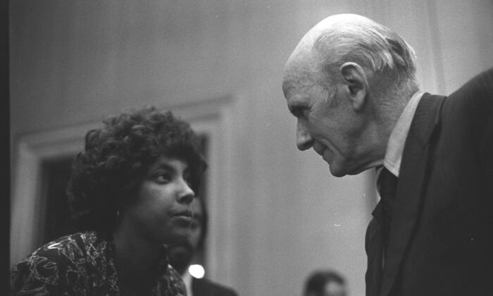 Joyce Jackson speaks to Senator Alan Cranston. Joyce was a member of a group who flew to Washington, D.C. after the longest sit-in in the nation's history in San Francisco in 1977, resulting in the signing of regulations that were the precursor for the Americans with Disabilities Act. (Photo by HolLynn D'Lil, participant in the 504 Demonstrations of 1977)