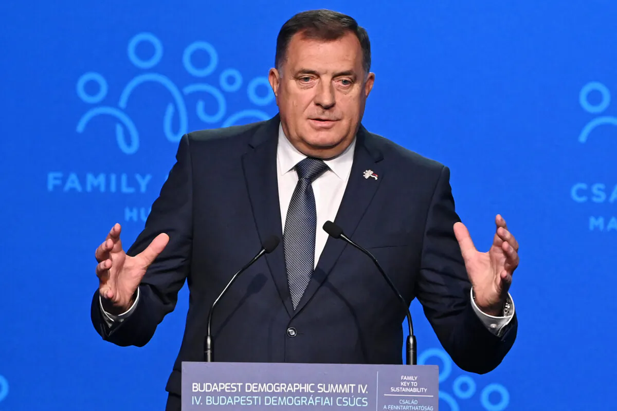 Chairman of the Presidency of Bosnia and Herzegovina Milorad Dodik gives a speech on the stage of the Varkert Bazar cultural centre in Budapest on Sept., 23, 2021. (Attila Kisbenedek/AFP via Getty Images)