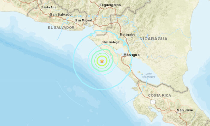 A map showing the location of a magnitude 6.1 earthquake near Nicaragua on Jan. 6, 2022. (USGS/Screenshot via The Epoch Times)