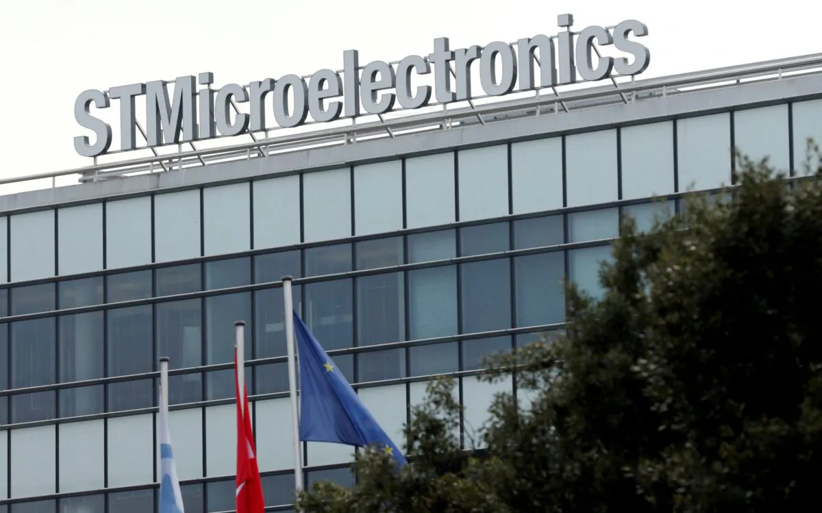 A STMicroelectronics logo is pictured on its factory in Plan-les-Oautes near Geneva on Dec. 6, 2016. (Denis Balibouse/Reuters)
