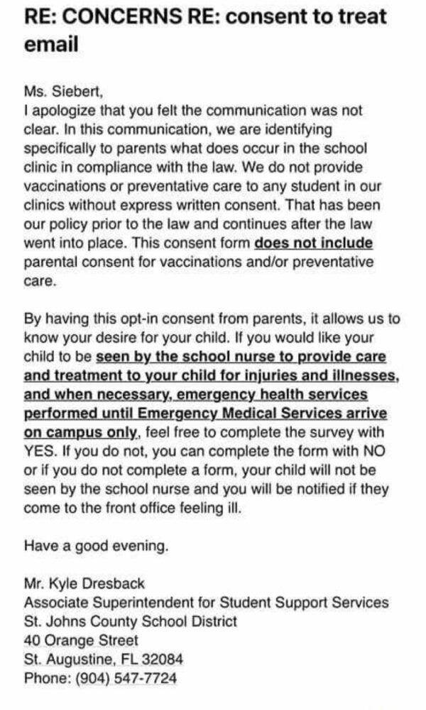 Screenshot of response by Kyle Dresback to a parent's concern over threat to not provide emergency care for a child a school unless they said "yes" on the consent form.