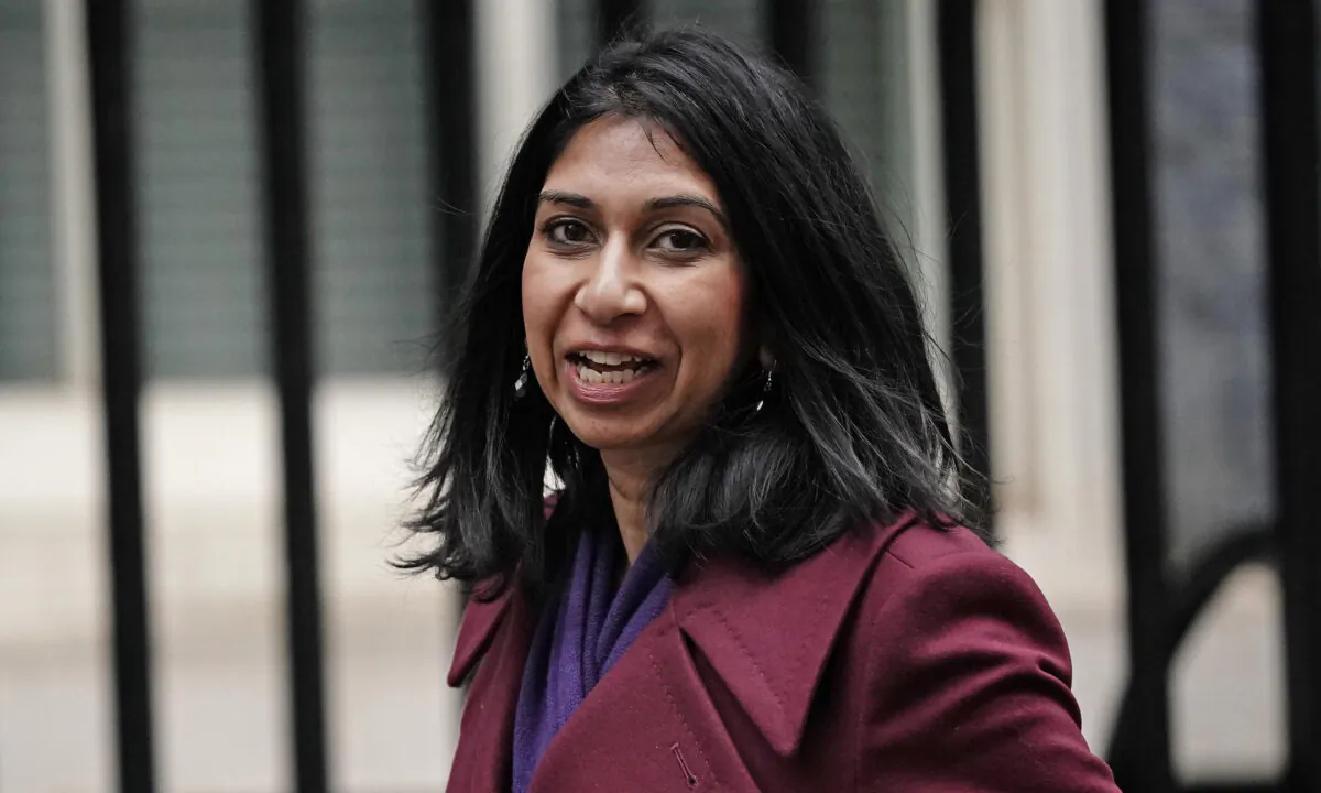 Attorney General Suella Braverman arrives in Downing Street, London, on Dec. 7, 2021. (Aaron Chown/PA Media)