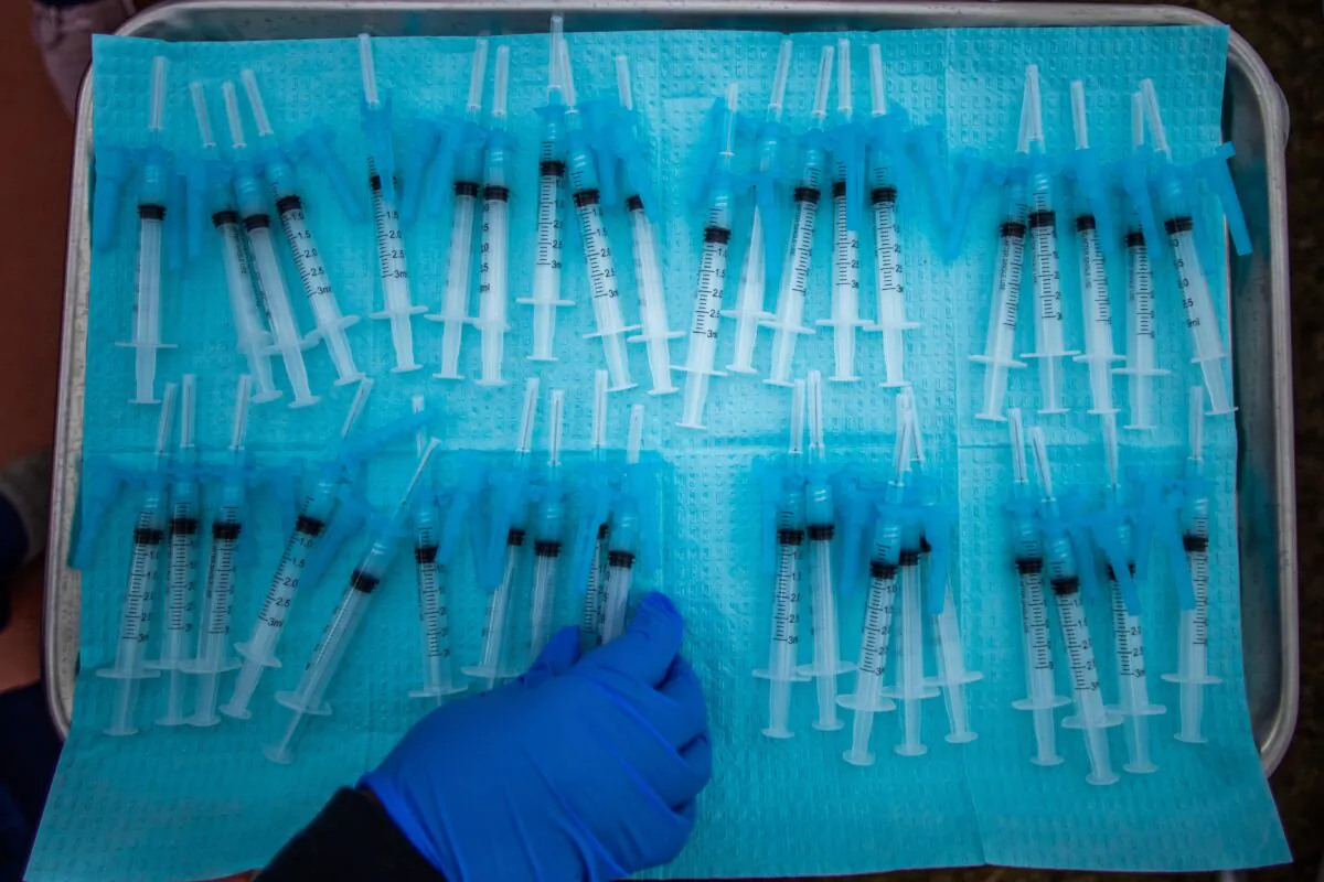 Syringes at a COVID-19 vaccination site at Kedren Community Health Center, in South Central Los Angeles, Calif., on Feb. 16, 2021. (Apu Gomes/AFP via Getty Images)