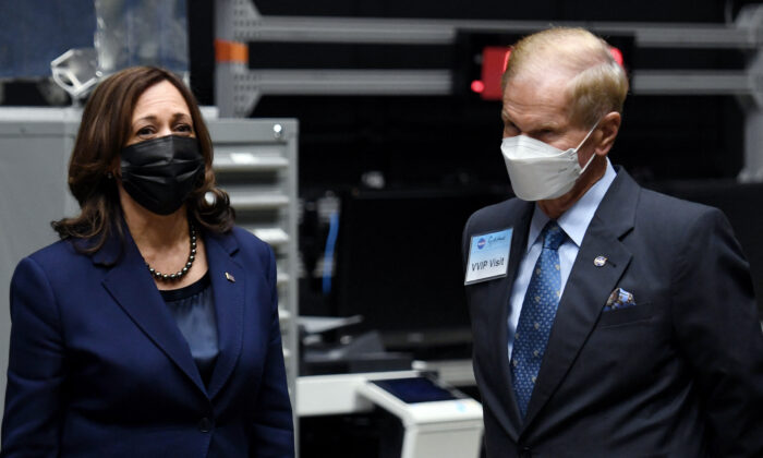 Vice President Kamala Harris and Nasa Administrator Bill Nelson tour the Robotics Operation Center during a visit to the NASA Goddard Space Flight Center in Greenbelt, Md., on Nov. 5, 2021. (Olivier Douliery/AFP via Getty Images)