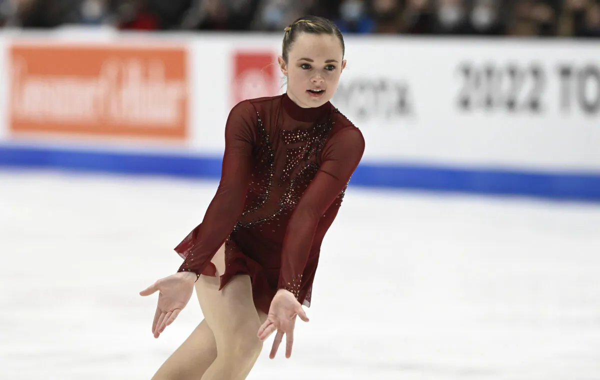 Mariah Bell competes in the women's free skate program during the U.S. Figure Skating Championships in Nashville, Tenn., on Jan. 7, 2022. (Mark Zaleski/AP Photo)