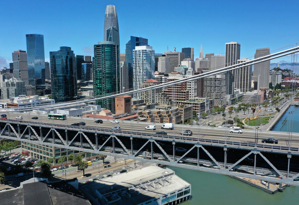 Aerial view of San Francisco-Oakland Bay Bridge in San Francisco, Calif., on June 14, 2021. (Justin Sullivan/Getty Images)