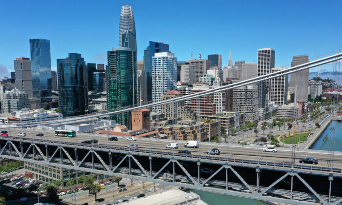 Aerial view of San Francisco-Oakland Bay Bridge in San Francisco, California, on June 14, 2021. (Justin Sullivan/Getty Images)