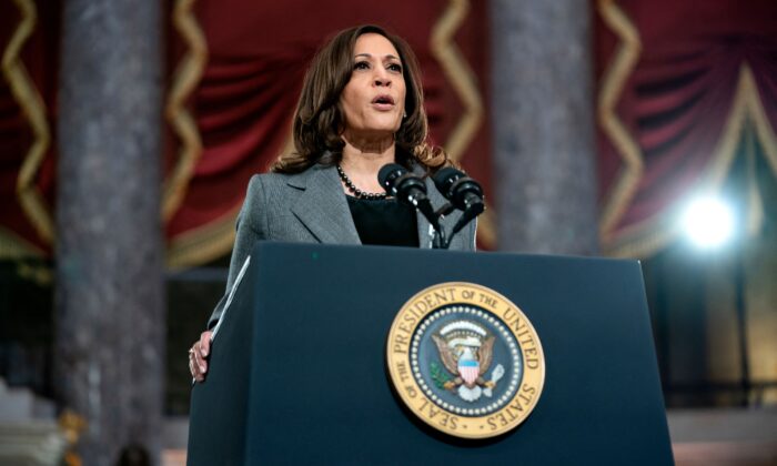 Vice President Kamala Harris speaks at the U.S. Capitol on Jan. 6, 2022. (Greg Nash/Pool/AFP via Getty Images)