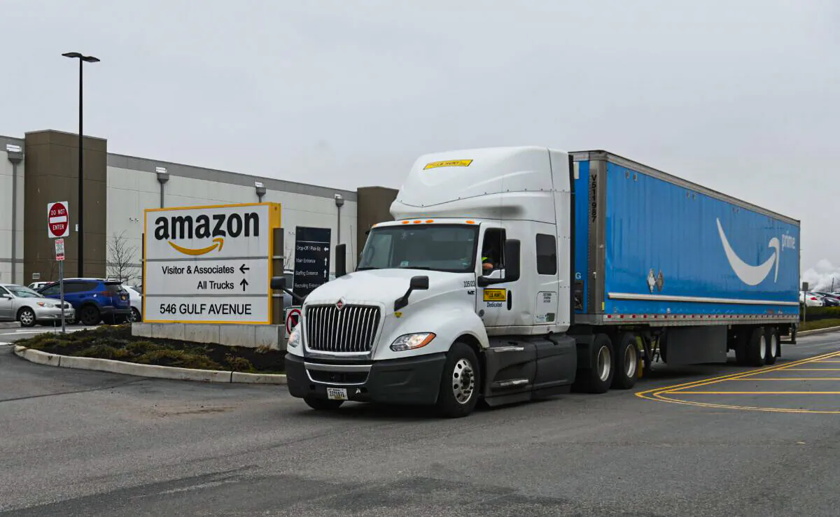 A truck outside the Amazon warehouse in Staten Island, N.Y., on March 30, 2020. (Angela Weiss/AFP via Getty Images)