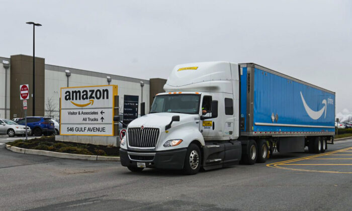A truck outside the Amazon warehouse in Staten Island, N.Y., on March 30, 2020. (Angela Weiss/AFP via Getty Images)