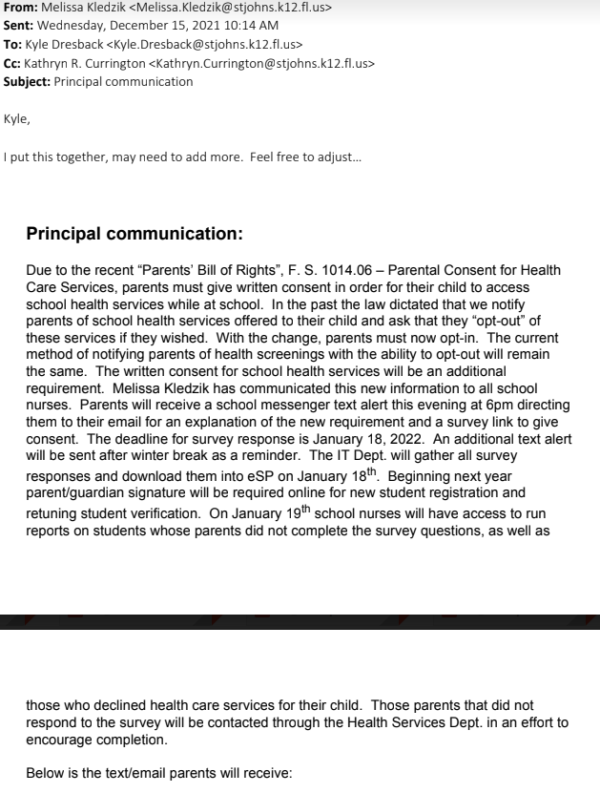 Screenshot of Dec. 15 email from Melissa Kledzik, Director of Health Services for St. Johns County School District to Kyle Dresback outlining her new directive regarding the new consent form for health care services at school.