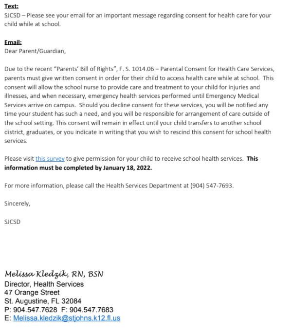 Screenshot of Dec. 15 email from Melissa Kledzik, Director of Health Services for St. Johns County School District to Kyle Dresback outlining her new directive regarding the new consent form for health care services at school. 