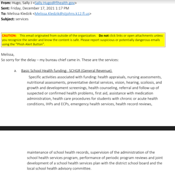 Screenshot of Dec. 17 Email from Sally Hugo, Florida School Health Liaison, Division of Community Health Services, School Health Services Program. 