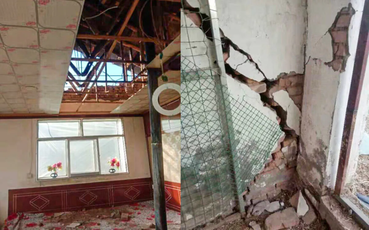 A damaged roof (L) and wall is seen after a 6.9 magnitude earthquake in Menyuan county, in China's northwestern Qinghai Province, on Jan. 8, 2022. (Provided to The Epoch Times)