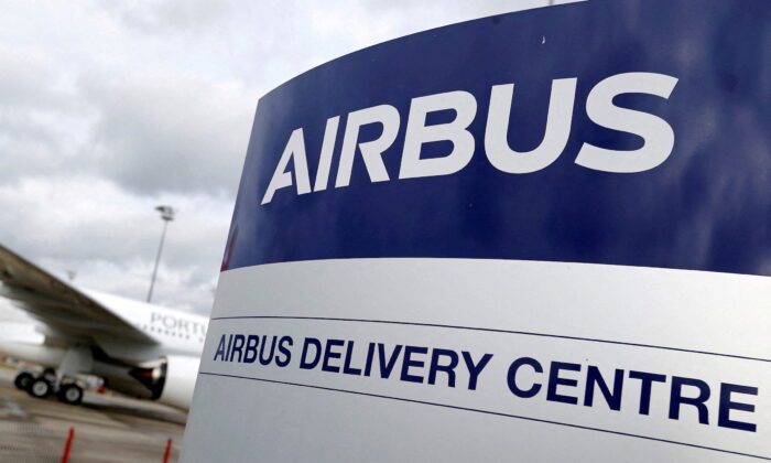 The logo of Airbus is pictured at the entrance of Airbus Delivery Center in Colomiers near Toulouse, France, on Nov. 6, 2018. (Regis Duvignau/Reuters)