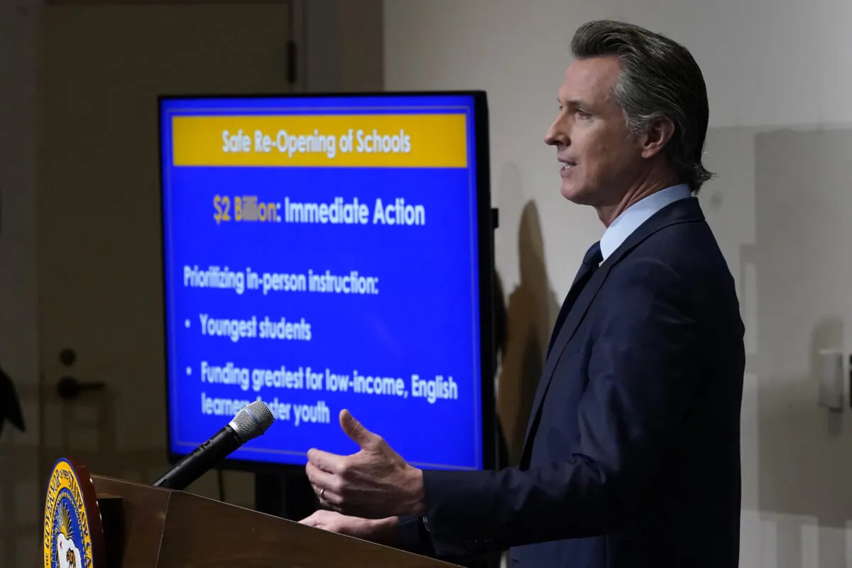 California's Gov. Gavin Newsom speaks about his 2021–2022 state budget proposal during a news conference in Sacramento, Calif., on Jan. 8, 2021. (Rich Pedroncelli/AP Photo)