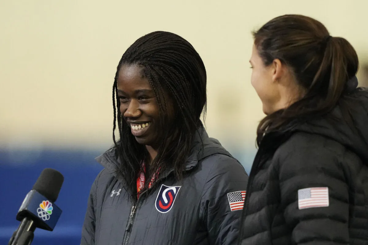 Erin Jackson (L) and Brittany Bowe speak to the media during the 2022 U.S. Olympic Trials at Pettit National Ice Center in Milwaukee, Wis., on Jan. 9. 2022. (Patrick McDermott/USA TODAY Sports via Reuters)