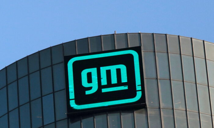 The new GM logo is seen on the facade of the General Motors headquarters in Detroit, Mich., on March 16, 2021. (Rebecca Cook/Reuters)