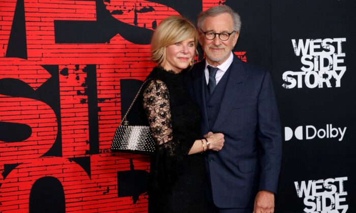 Kate Capshaw and Steven Spielberg (R) attend the premiere of the film West Side Story at El Capitan theatre in Los Angeles, on Dec. 7, 2021. (Mario Anzuoni/Reuters)