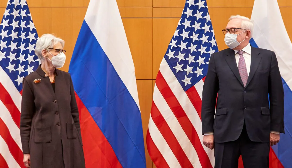 U.S. Deputy Secretary of State Wendy Sherman, left, and Russian deputy foreign minister Sergei Ryabkov attend security talks at the United States Mission in Geneva, on Jan. 10, 2022. (Denis Balibouse/Pool via AP)