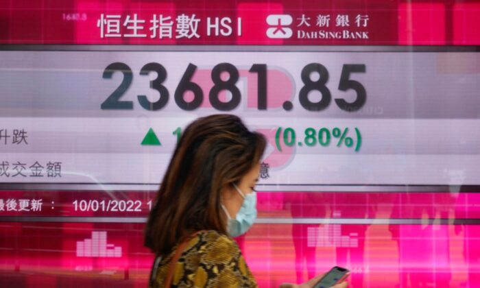 A woman walks past a bank's electronic board showing the Hong Kong share index at Hong Kong Stock Exchange, on Jan. 10, 2022. (Vincent Yu/AP Photo)