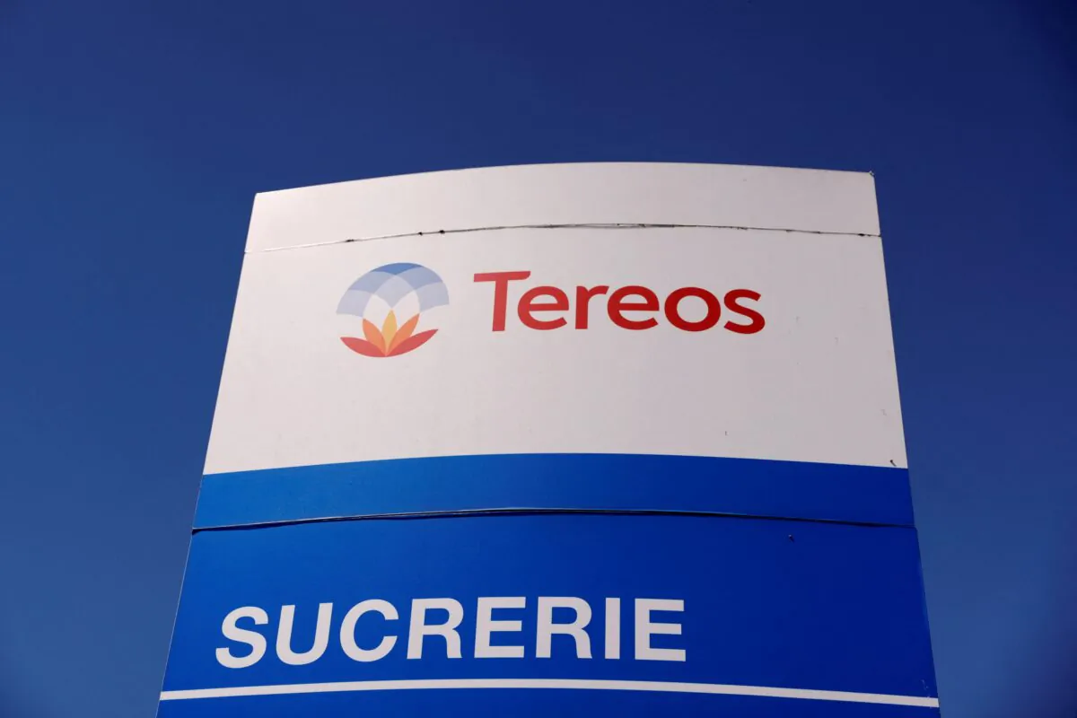 A view shows a logo at the entrance of the Tereos sugar factory in Escaudoeuvres, France, on June 1, 2021. (Pascal Rossignol/Reuters)