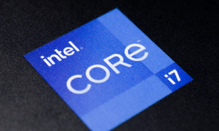The Intel Corporation logo is seen on a display in a store in Manhattan, N.Y., on Nov. 24, 2021. (Andrew Kelly/Reuters)