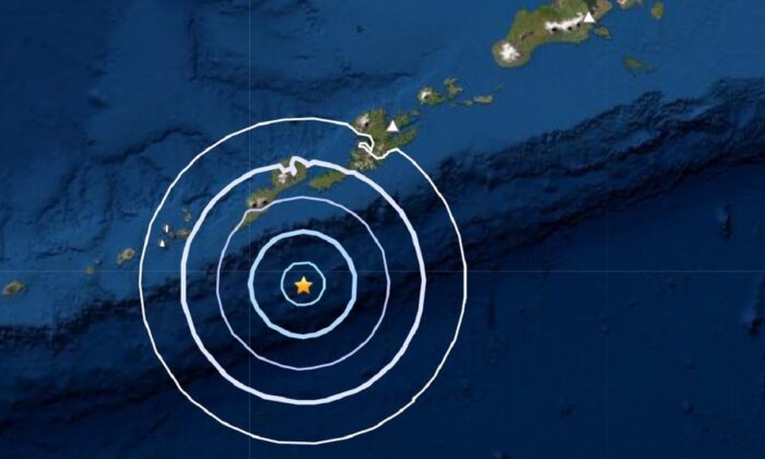 A map showing the location of a magnitude 4.8 earthquake near Nikolski, Alaska, on Jan. 11, 2022. (USGS/Screenshot via The Epoch Times)