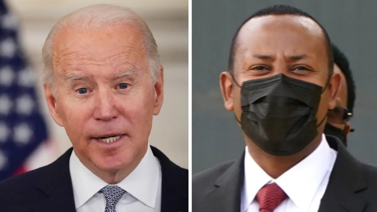 (L): President Joe Biden speaks from the State Dining Room of the White House in Wash., on Jan.7, 2022. (R): Ethiopian Prime Minister Abiy Ahmed acknowledges the crowd in Addis Ababa, Ethiopia, on Oct. 4, 2021. (Mandel Ngan/AFP, Jemal Countess/Getty Images)